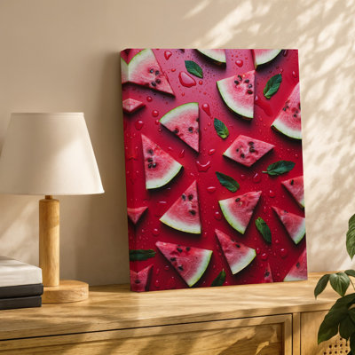 Reproduction d'art sur toile, "Un coup de tête vibrant" de tranches de melon d'eau fraîchement coupées