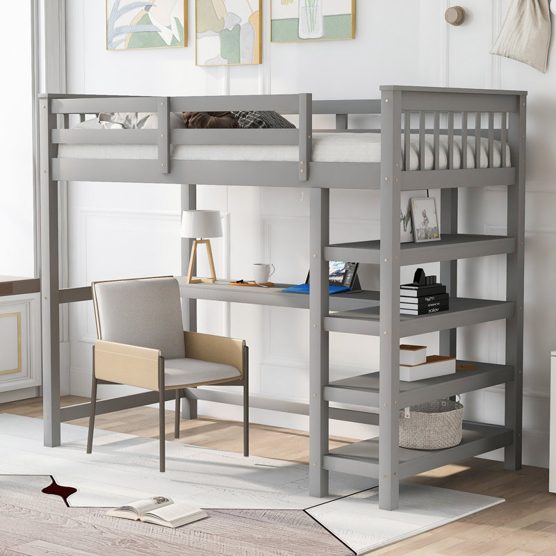 Lit mezzanine avec tablettes de rangement, Lit simple, Gris