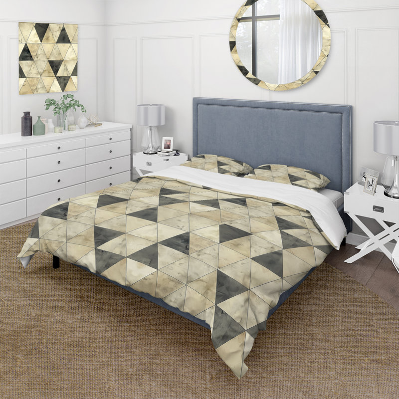 Ensemble de housse de couette Mid-Century brun à motif de triangles IV, Housse de couette très grand + 2 taies décorativ