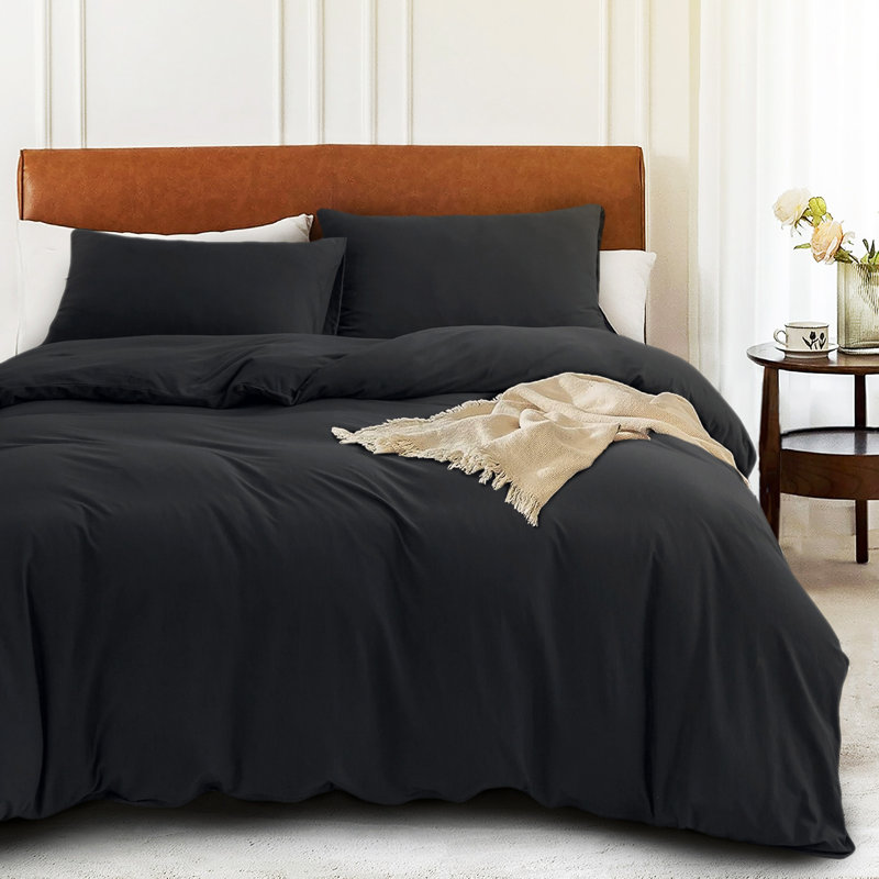 HOME BEDDING Jersey Cotton Duvet Cover Set, King Duvet Cover + 2 King Shams, Black