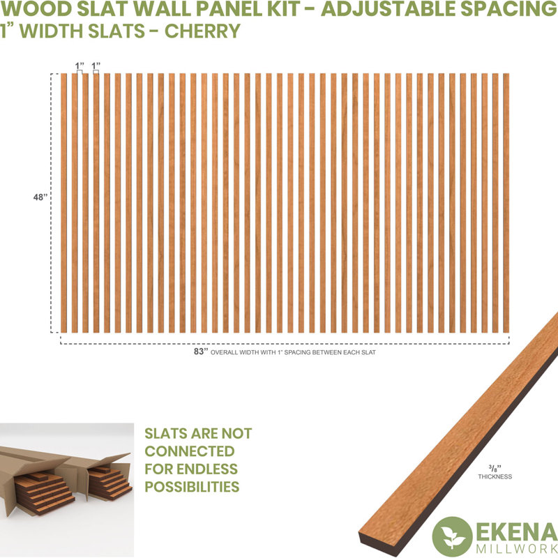 Adjustable Wood Slat Wall Panel Kit, 1"W x 47"H x 0.375"T, Cherry