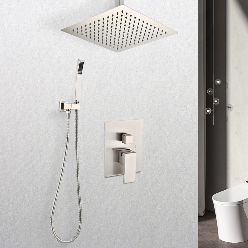 Ceiling-Mounted Shower Assembly, Matte Black - 12" Head & Handheld Natural Rainfall Copy Self-Cleaning Nozzle Brass Made Object Ceiling Mounted System And Mimic Discharge