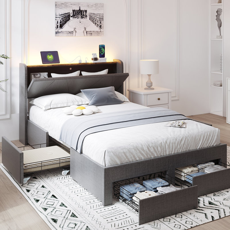 Storage Bed with Modern Platform, Built-In USB Charging & LED Lighting with RGB Options, Queen, Dark Gray