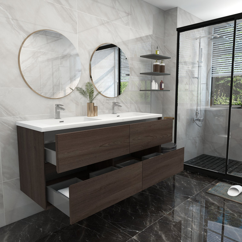 60'' Double Bathroom Vanity with Acrylic Top, Red Oak