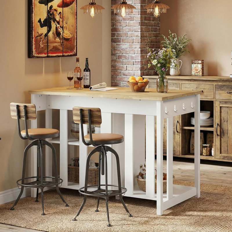 47.2”W White Farmhouse Kitchen Island with Fridge Space and Outlets, 47.2"W