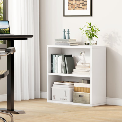 Étagère de rangement à 2 niveaux, bibliothèque ouverte de 23,7 po, unité de rangement pour bibliothèque au sol, blanc