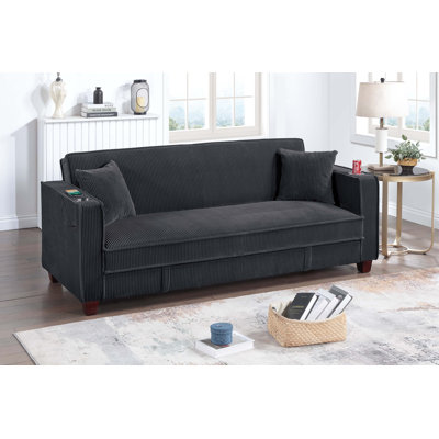 Canapé convertible 1pc avec rangement caché et dossier pliant Porte-gobelet Ports USB Pieds en bois Coussins assortis Finition noire Salon principal