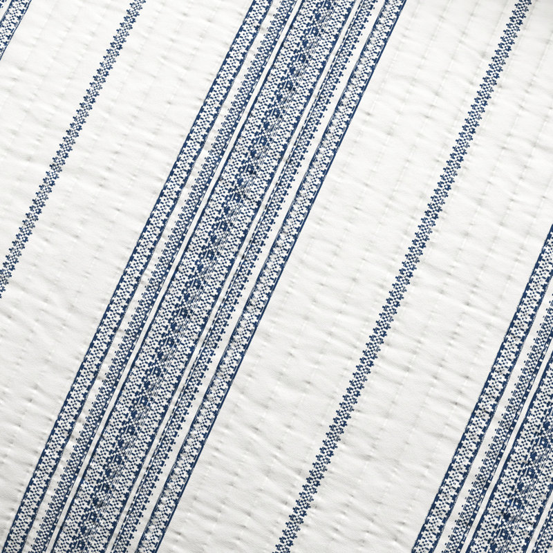 Ensemble de courtepointe réversible rayé de style campagnard avec taies décoratives, Blanc/bleu marine