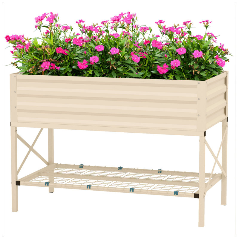 Raised Garden Bed With Galvanized Steel Frame, Storage Shelf And Bed Liner, Elevated Planter Box With Legs For Vegetables, Flowers, Herbs, Cream