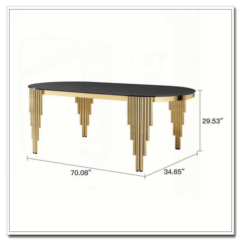 Table de salle à manger ovale 70,08 "avec plateau en verre noir et base en acier inoxydable doré pour 6 sièges