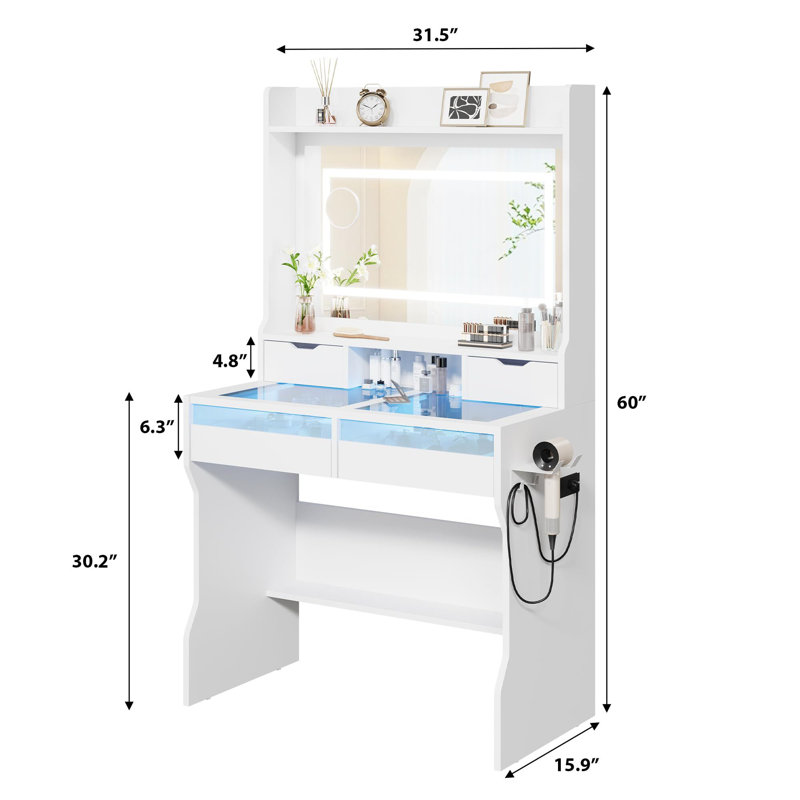 Bureau de coiffeuse avec miroir et lumières, Blanc / Blanc