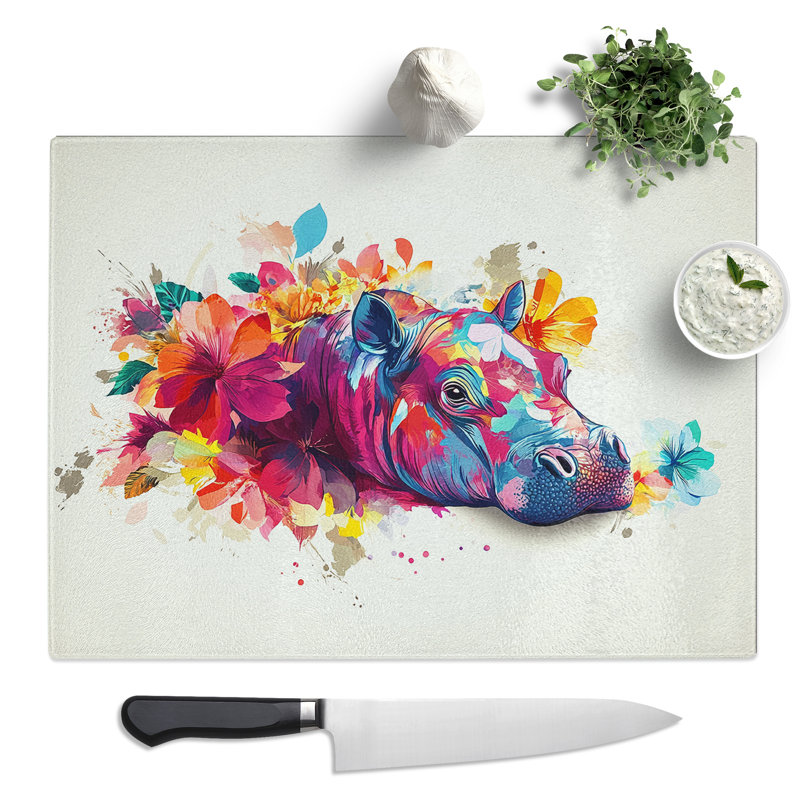 Painted Hippo Vol.2  Glass Chopping Board