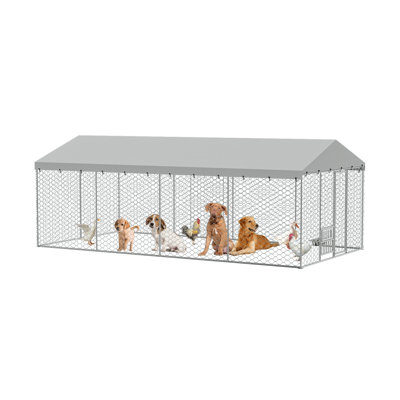 20 ft. x 10 ft. Heavy Duty Steel Outdoor Dog Kennel with Canopy, Silver