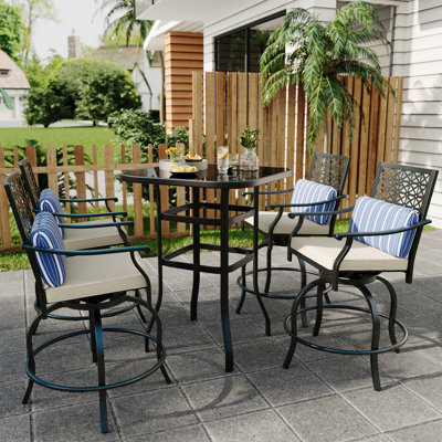 5PCS Patio Swivel Bar Set With 4 Swivel Chairs Beige Cushion And Glass Top Table