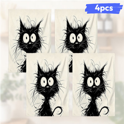  Linge de cuisine en microfibre, linges à vaisselle réutilisables absorbants, décoration résistante à la décoloration, 16 po x 24 po, chat noir en désordre amusant