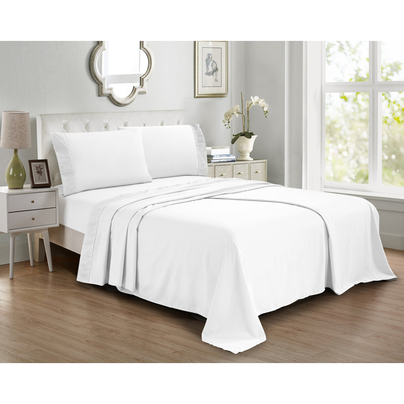 Ensemble de draps 4 pièces avec ourlet plissé, Ensemble de drap pour lit très grand avec drap-ho, Blanc