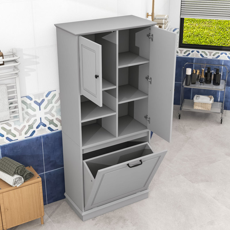 Armoire de rangement moderne pour salle de bain compacte avec panier rabattable, tablettes réglables et grand espace de rangement