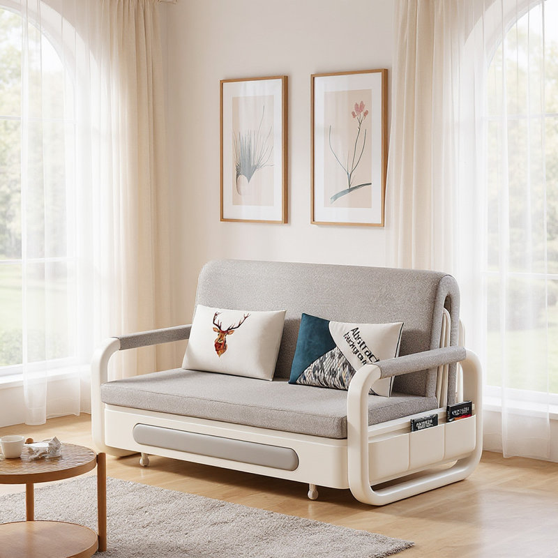 Avec poches latérales et rangement dissimulé, canapé-lit escamotable, tissu en lin de coton amovible, 2 coussins décoratifs, dossier confortable capitonné, gris
