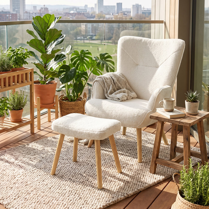 Upholstered Armchair With Footstool, Cream Teddy