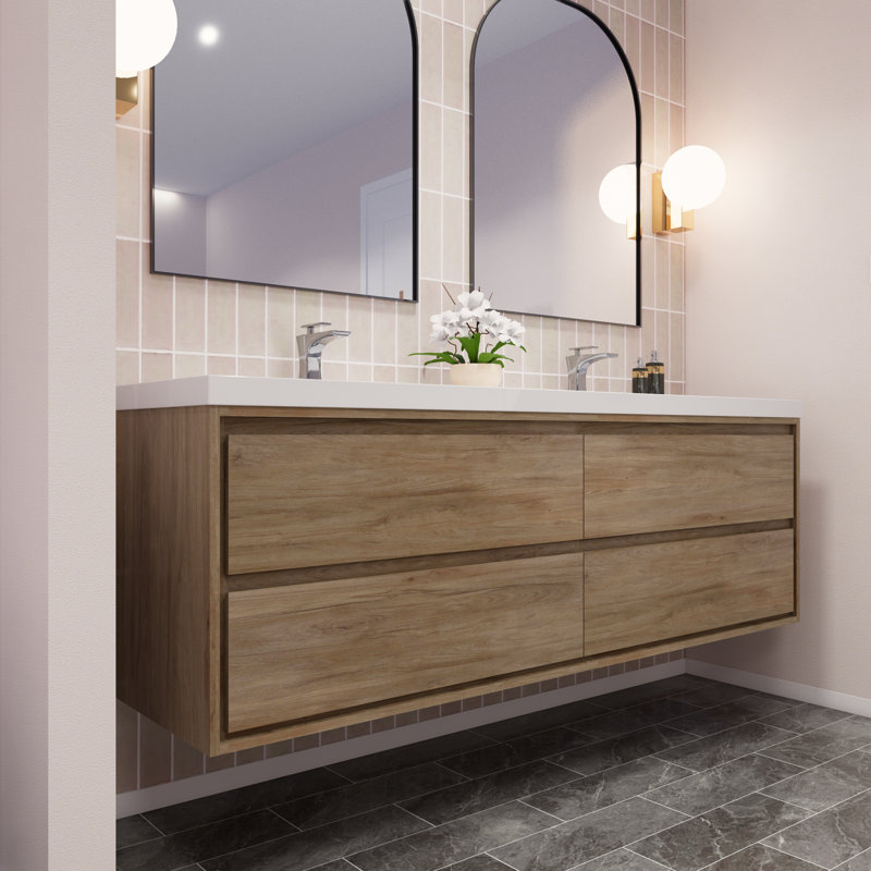 Azden 70.6" Wall-Mounted Double Bathroom Vanity Set, White Oak