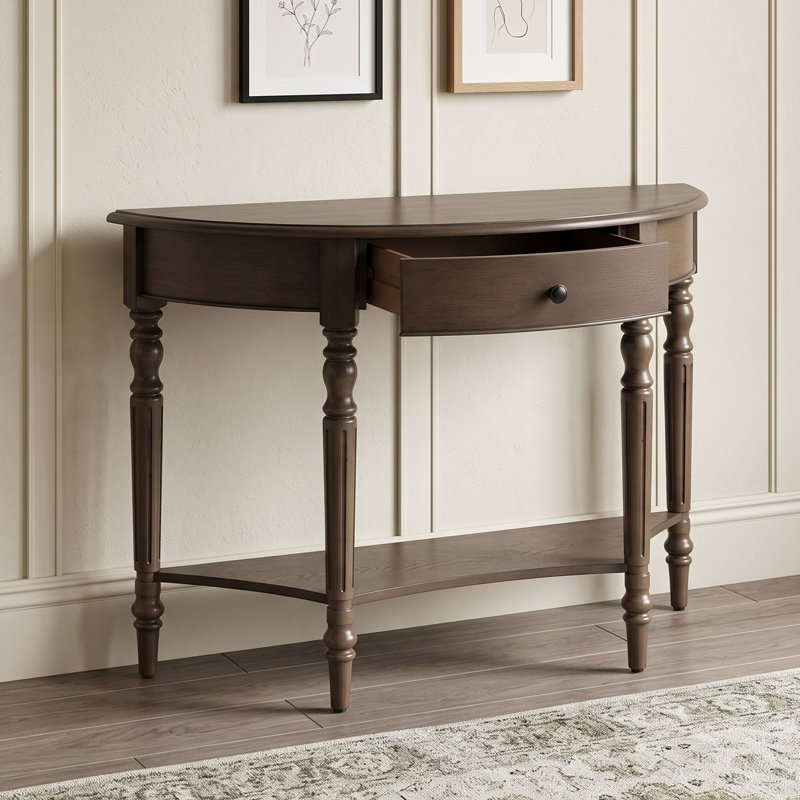 Console en demi-lune de style champêtre avec tiroir et tablette inférieure, table d'entrée pour salon, couloir ou hall d'entrée