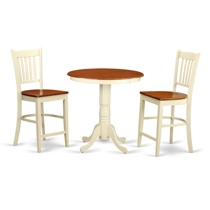 3 Piece Kitchen Counter Set for Small Spaces Contains a Round Dining Room Table with Pedestal and 2 Dining Chairs, Buttermilk & Cherry