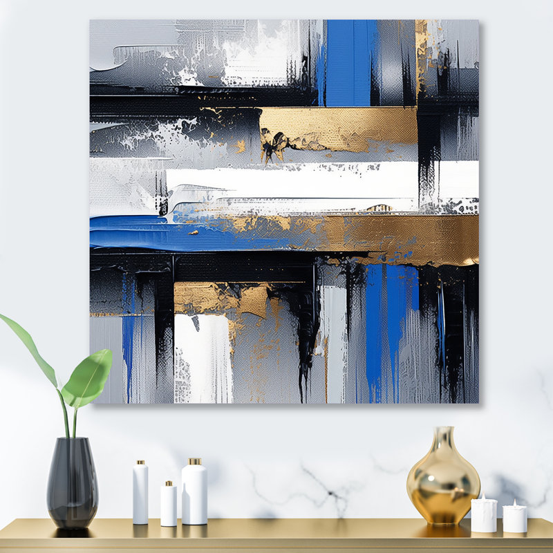 Peinture murale dorée et bleue Elegance II - Collages abstraits, art mural en métal, H 16 po x l 16 po