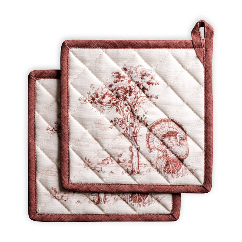 Maison d'Hermine Holy Jouy - Brown 100% Cotton Pot Holder Set - 8" x 8", Brown