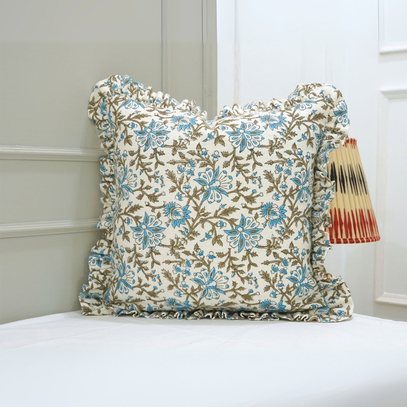 Housse de coussin à motif floral en lin blanc cassé double face à motif floral Fabcline, H 14 po x l 14 po, Carrée