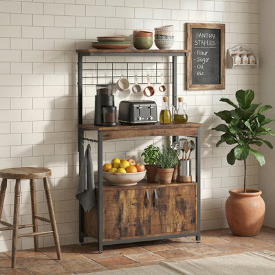 Three-Tier Kitchen Baking Rack With Cabinets, Rustic-Style Microwave Oven Rack, Coffee Bar With Hooks, Multi-Functional Storage Rack.