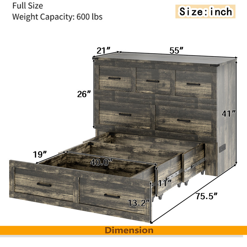 Armoire murale avec station de charge Murphy, Gris rustique, Lit double
