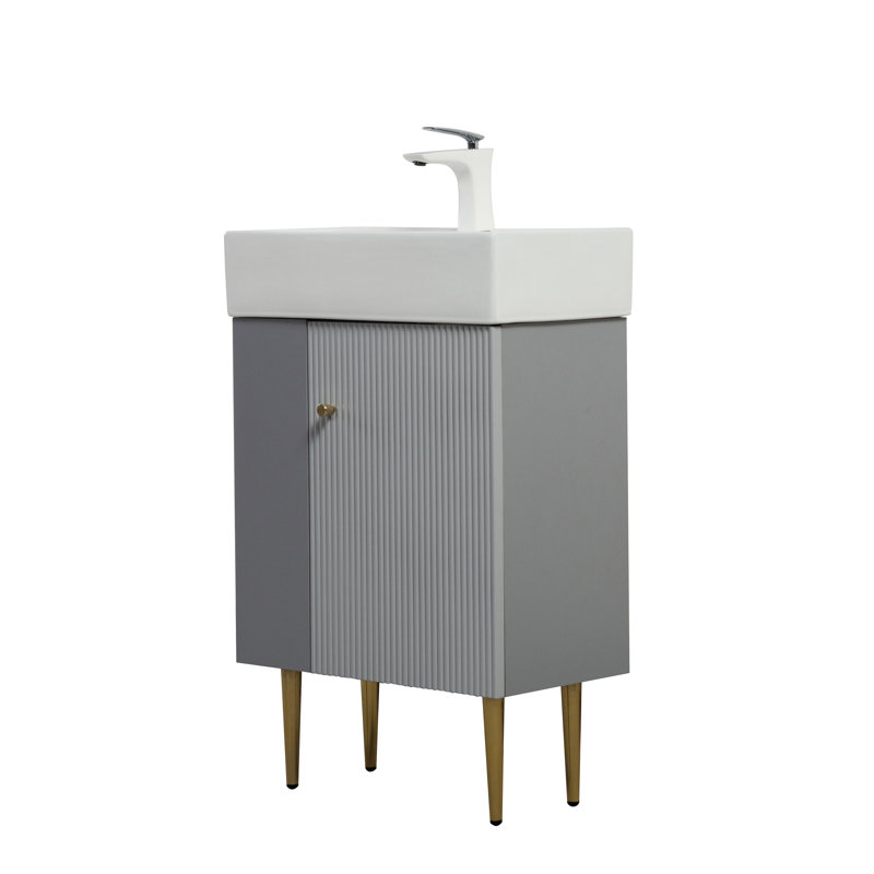 Base de meuble-lavabo 21,6 po, tablette ouverte à gauche, abat-jour gris, bois massif et fabrication, lavabo en céramique, portes à fermeture en douceur, revêtement extérieur imperméable, base dorée avec rangement à gauche, armoire, pour