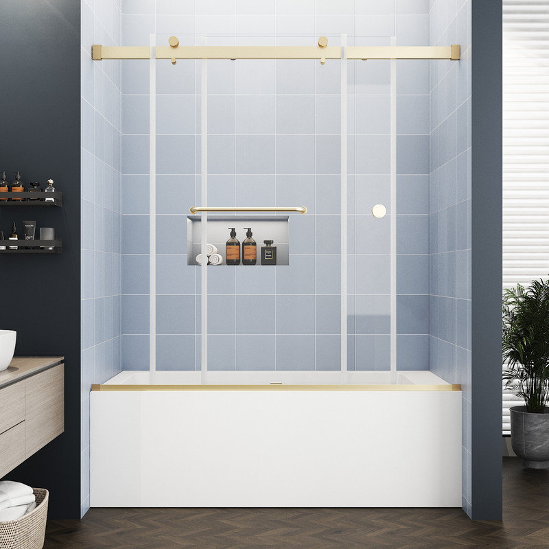 Bathtub Sliding Door 55"-60"W x 56"H  Tempered Glass Stainless Steel Gold