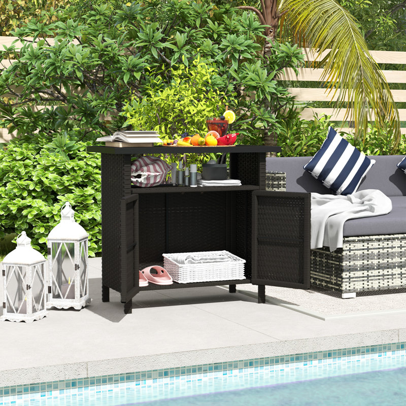 Outsunny Wicker Outdoor Storage Cabinet, Rattan Outdoor Bar Table with 2 Doors and Shelf, Outdoor Buffet Cabinet Sideboard with Metal Slatted Countertop for Poolside, Patio, Backyard