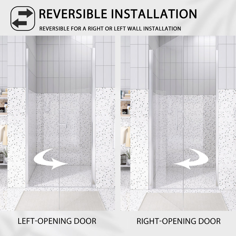 Porte de douche pivotante 36 po x 72 po | Cadre en aluminium chromé | Demi-cadre | Verre trempé 1/4 de pouce avec film antidéflagrant | Poignée en acier inoxydable
