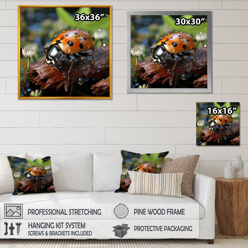 Coccinelle aventureuse III - coccinelle, art mural, H 16 po x l 16 po x P 1 po, Toile tendue