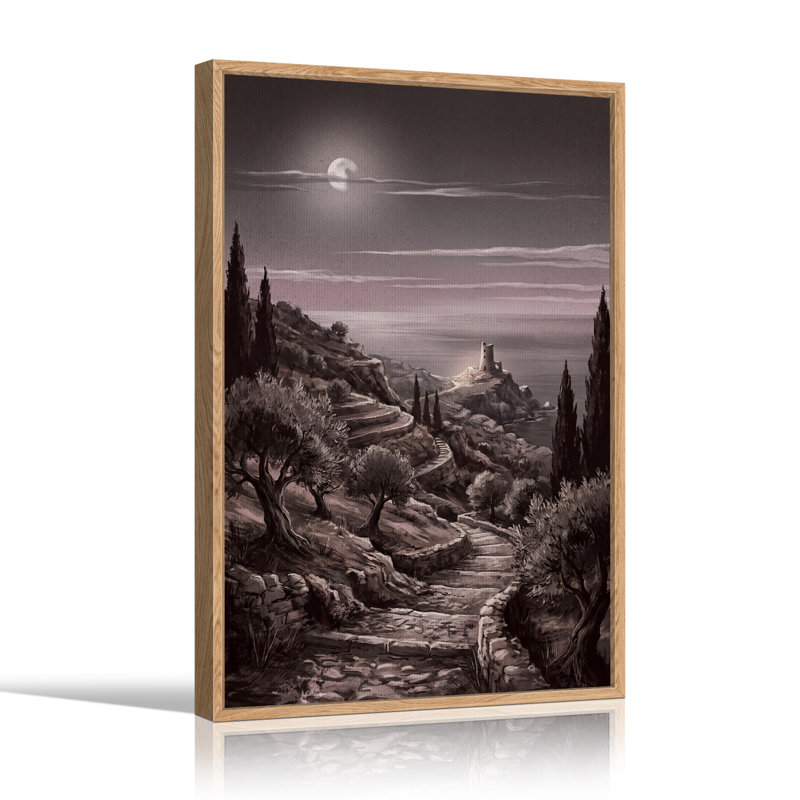 Tableau sur toile d'Halloween représentant une tour côtière au clair de lune et des cyprès, 48"H x 32"W