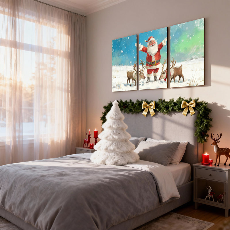 Père Noël de Noël avec renne dans un paysage enneigé, ensemble de 3 impressions sur toile, H 24 po x l 48 po