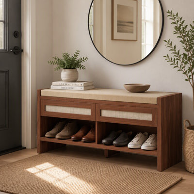 Banc à chaussures avec 2 tiroirs en rotin, banc de rangement à chaussures Boho avec siège rembourré d'aspect lin et tablette ouverte, pour vestibule, salon, chambre à coucher, l 42,5 po x P 13,8 po x H 19,7 po, brun