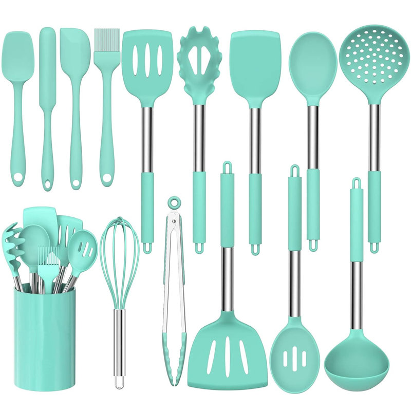 Ensemble de 15 ustensiles de cuisine en silicone et en acier inoxydable, antiadhésifs et résistants à la chaleur, verts.