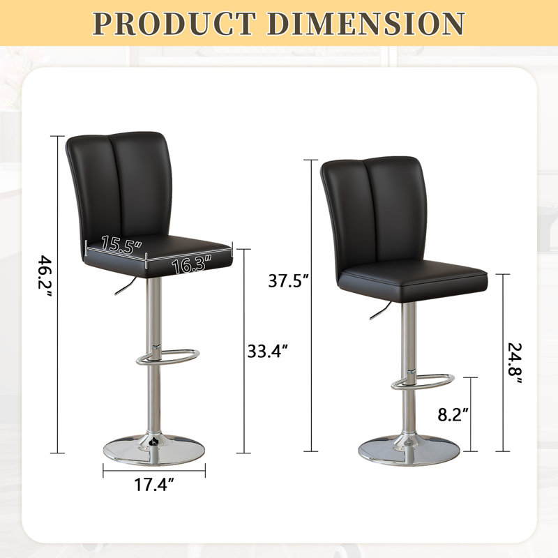 Modern Height-Adjustable Swivel Faux Leather Bar Stool Set, Black