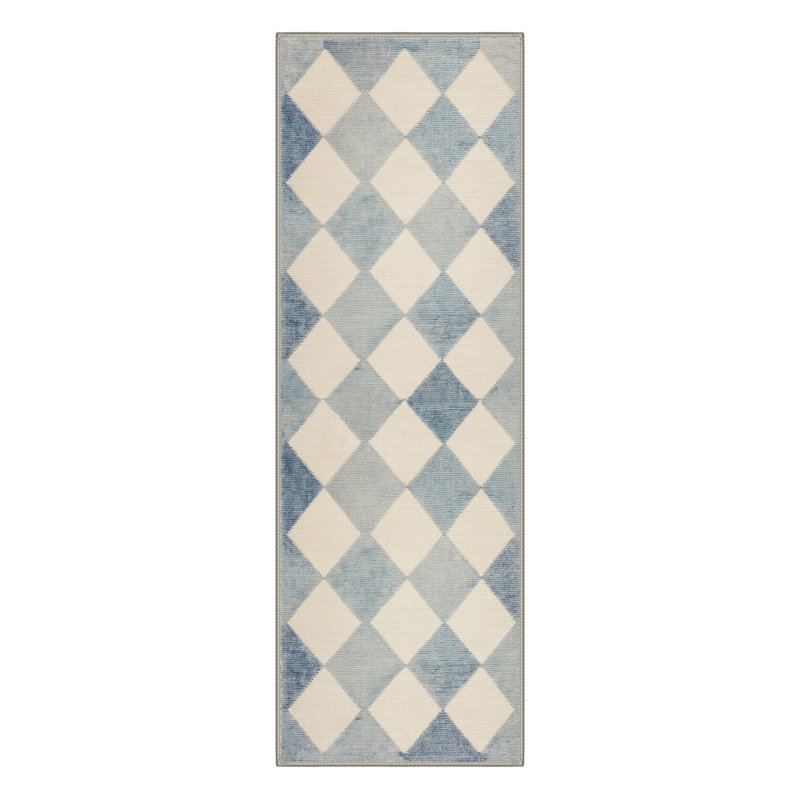 Abdellah Coastal Geometric Diamond Machine Washable Blue / Beige Indoor Area Rug with Non-Slip Backing, Runner 2' x 6'