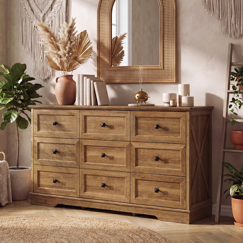 9 Drawer 59'' W Double Dresser for Bedroom,Living Room,Office, Natural Oak