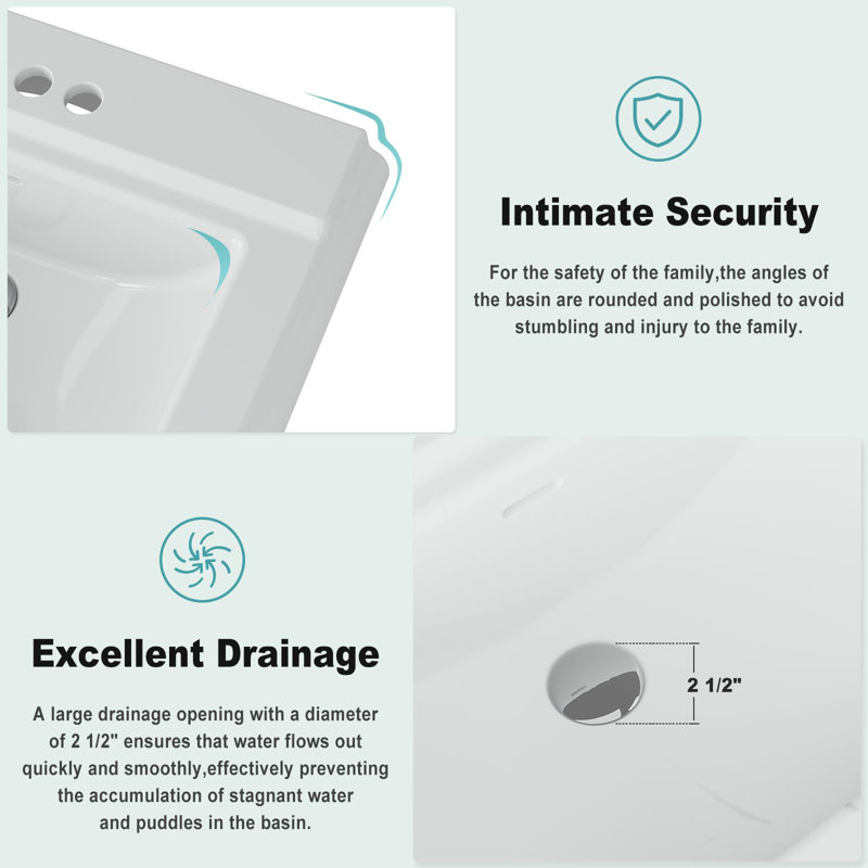 Lavabo de salle de bain rectangulaire sur pied 26 po x 20 po en céramique blanche avec 3 trous de robinet