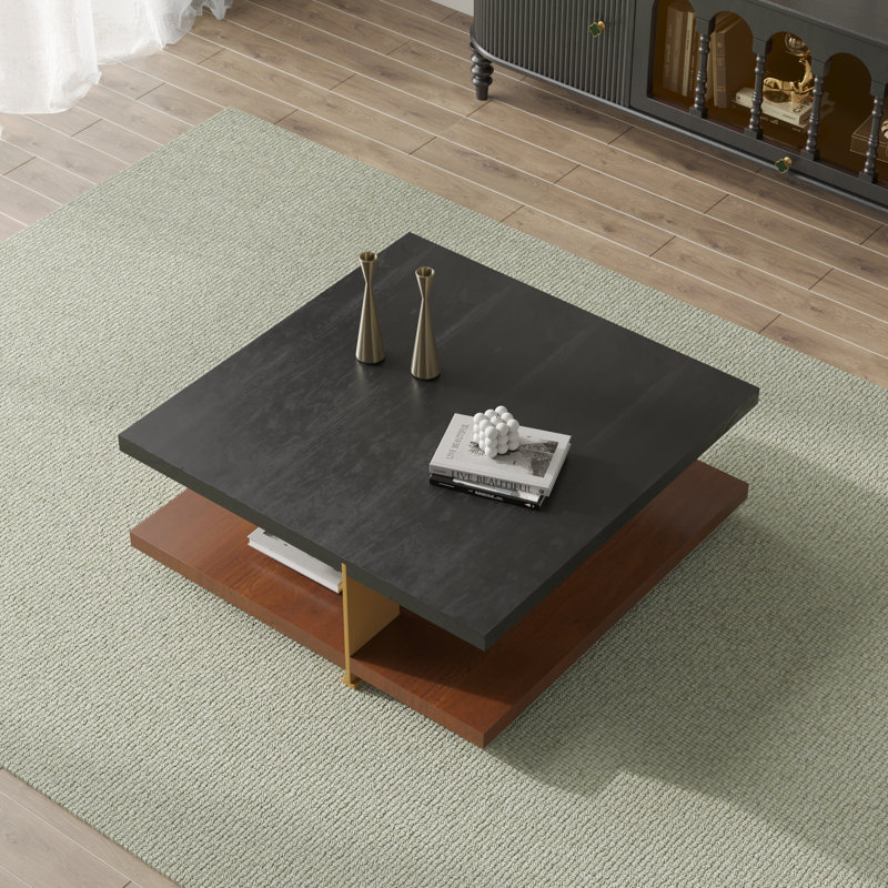 Square Coffee Table With Storage, Black Top/Brown Base