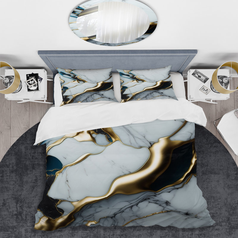 Ensemble de housse de couette en microfibre / polyester Abstract Geode Gold and White Marble II