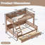Lit simple superposé au dessus d'un lit double avec rangement, garde-corps courbés et tablettes latérales, structure en bois massif, aucun sommier nécessaire, naturel profond-134228585-134228587