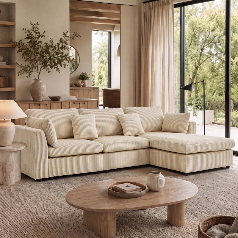 109" Upholstered Sectional Modern L-Shaped Sofa, Velours côtelé kaki