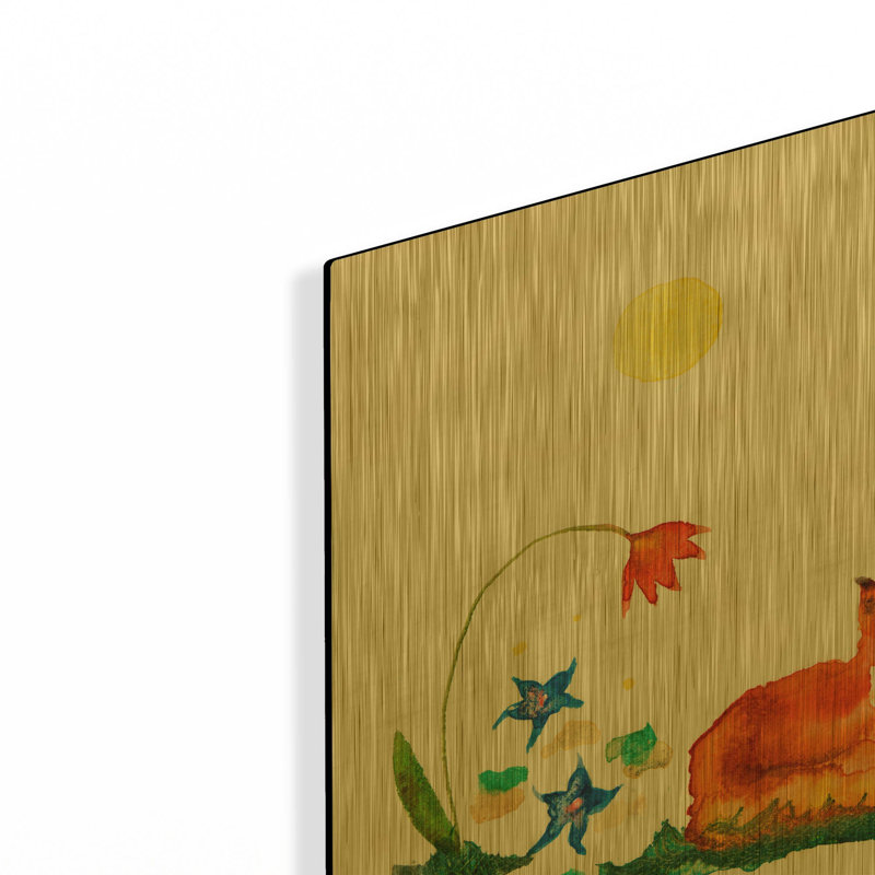 « Petit renard dans le jardin », par Wyanne, tableau mural en métal doré, 30,5 x 30,5 cm, 12 po x 12 po