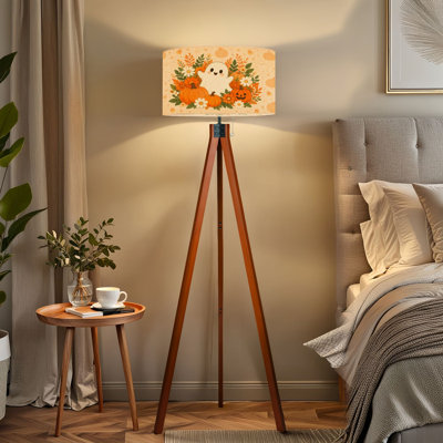  Tripod Standing Lamp Cute Halloween Ghost Pumpkins Floral Autumn Remote Controlled Dimmable LED Floor Lamp with Beech Wood Legs & Detachable Linen Shade for Farmhouse Apartment Living Room and Bedroom